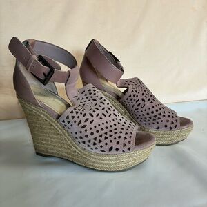 Marc Fisher Pink Espadrille Wedge Heel Sandals Size 6.5M Cutout Leather Ankle